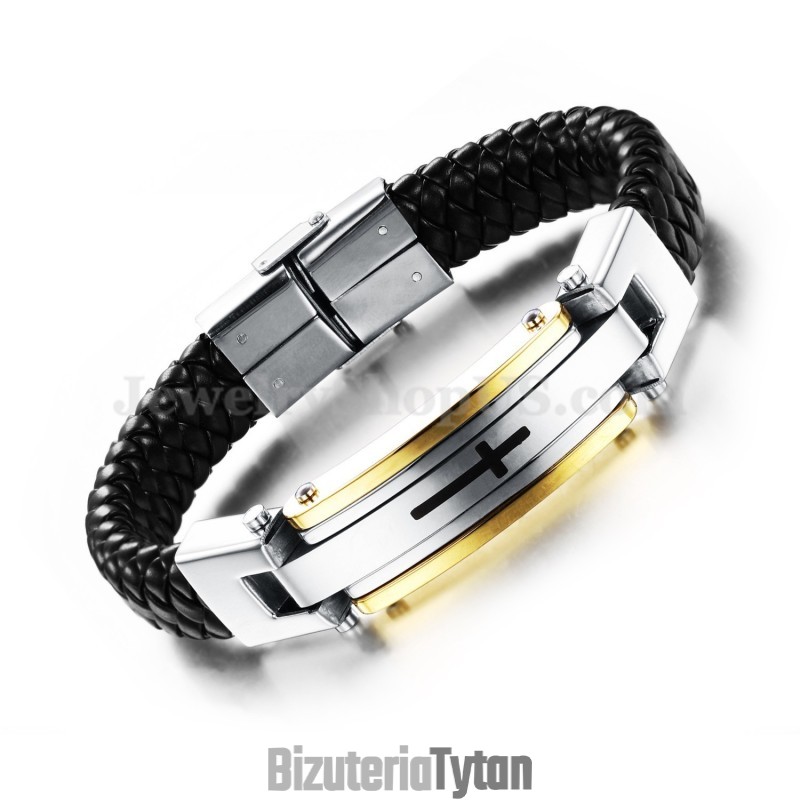 Bransoleta Męska Z Krzyżem Z Tytanu Ze Skóry C916