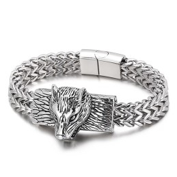 Bransoleta Męska Hip-Hop Wolf Head Double Row Keel Woven Chain Z Tytanu