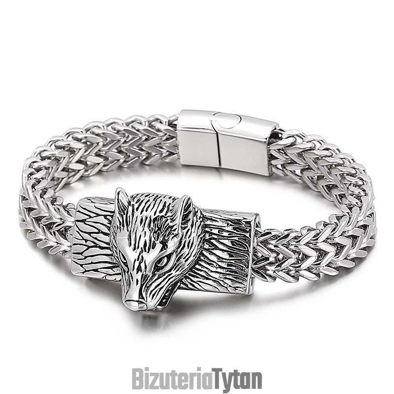 Bransoleta Męska Hip-Hop Wolf Head Double Row Keel Woven Chain Z Tytanu