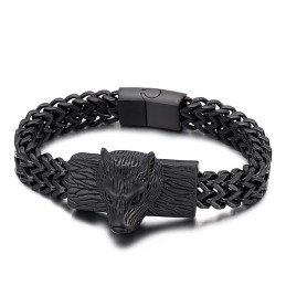 Bransoleta Męska Hip Hop Wolf Head Double Row Keel Woven Chain Z Tytanu