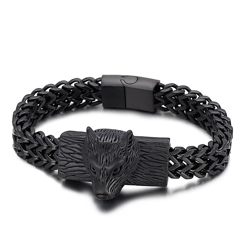 Bransoleta Męska Hip Hop Wolf Head Double Row Keel Woven Chain Z Tytanu Bransoleta Męska Hip Hop Wolf Head Double Row Keel Woven Chain Z Tytanu