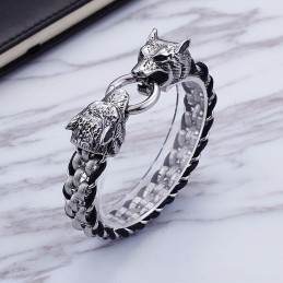 Bransoletka Z Tytanu Double Wolf Head Ring Z Zapięciem Tytanowym Dla Mężczyzn