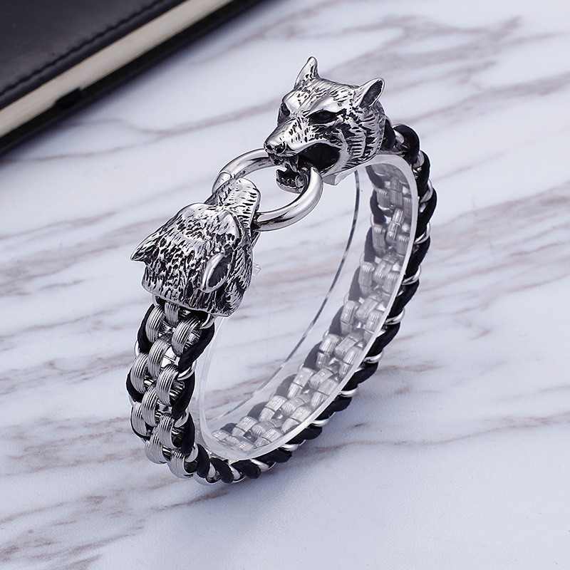 Bransoletka Z Tytanu Double Wolf Head Ring Z Zapięciem Tytanowym Dla Mężczyzn