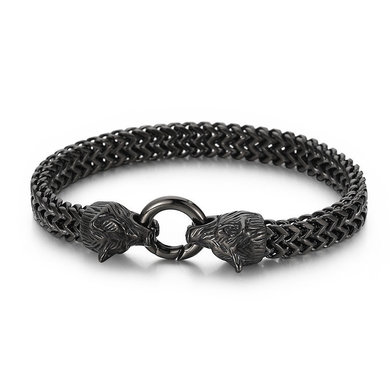 Bransoletka Cool Rock Hip-Hop Double Wolf Head Titanium Style Dla Mężczyzn