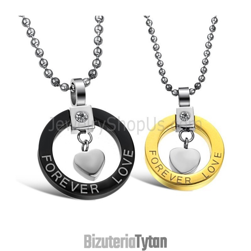 Tytanowe Czarno-Złote Wisiorki Dla Zakochanych „Forever Love” Z Kryształkami I Łańcuszkami 280 Tytanowe Czarno-Złote Wisiorki Dla Zakochanych „Forever Love” Z Kryształkami I Łańcuszkami 280