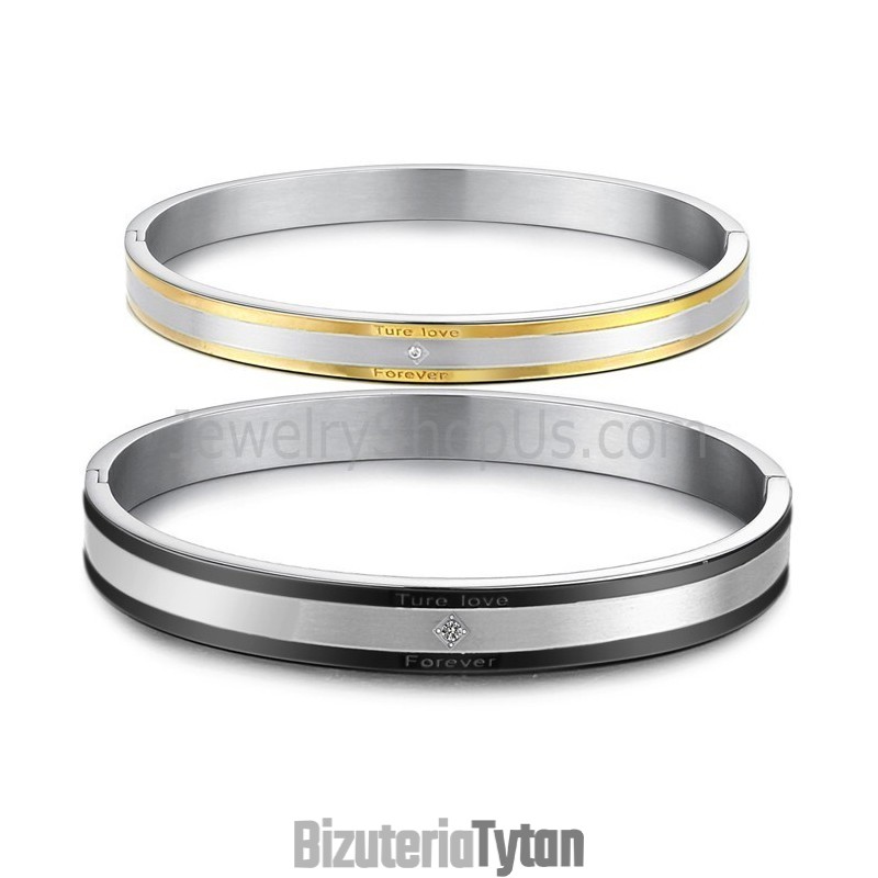 Bransoletki Dla Par Tatanium Black And Gold "True Love Forever" Z Kryształkami C875 Bransoletki Dla Par Tatanium Black And Gold "True Love Forever" Z Kryształkami C875